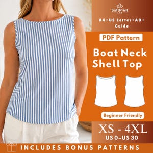 Può includere: Un top smanicato con motivo a righe verticali blu e bianche e scollo a barchetta. L'immagine include il testo: SoftPrint LAB, A4+US Letter+A0+ Guide, PDF Pattern, Boat Neck Shell Top, Beginner Friendly, XS-4XL, US 0-US 30, INCLUDES PATTERNS.