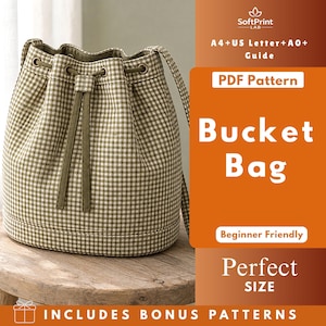 Può includere: Una borsa a secchiello con motivo a quadretti verdi e bianchi, dotata di chiusura a coulisse con occhielli in metallo e tracolla abbinata. L'immagine include il testo: SoftPrint LAB, A4+US Letter+A0+Guide, PDF Pattern, Bucket Bag, Beginner Friendly, Perfect SIZE, INCLUDES BONUS PATTERNS.