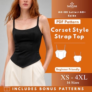 May include: A black corset-style strap top with thin straps. The image includes text that reads "PDF Pattern", "Corset Style Strap Top", "Beginner Friendly", and "XS - 4XL, 16 Sizes". The top is worn with cream-colored pants.