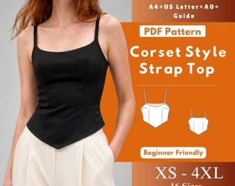 Corset Style Strap Top Sewing Pattern PDF, Scoop Neck Fitted Bodice with Pointed Hem, Woven Summer Cami Digital Download