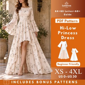 May include: A PDF sewing pattern for a hi-low princess dress with bell sleeves and a floral print. The digital file includes A4, US Letter, and A0 formats for sizes XS to 4XL, corresponding to US sizes 0 to 30. The pattern is beginner friendly.