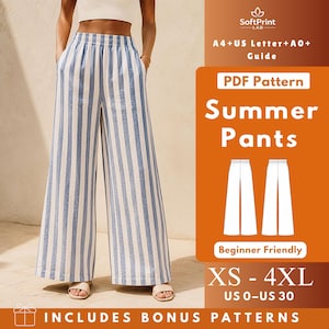 Könnte beinhalten: Ein PDF-Schnittmuster für eine weite Sommerhose mit blau-weißem vertikalem Streifenmuster. Die Grafik enthält den Text SoftPrint LAB, A4+US Letter+A0+Guide, PDF Pattern, Summer Pants, Beginner Friendly, XS-4XL, US 0-US 30.