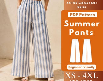 Palazzo Linen Pants PDF Sewing Pattern, High Waist Elastic Pull On Wide Leg Pants with Pockets, XS–4XL