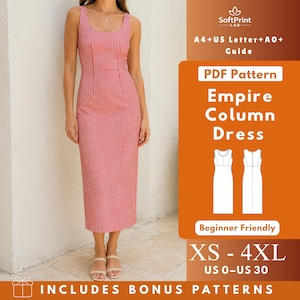 May include: A red and white gingham sleeveless column dress with a scoop neckline. The image includes text: SoftPrint LAB, A4+US Letter+A0+ Guide, PDF Pattern, Empire Column Dress, Beginner Friendly, XS - 4XL, US 0-US 30, INCLUDES BONUS PATTERNS.