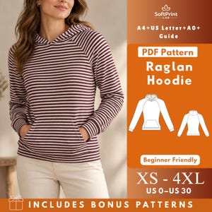 May include: A long-sleeve hoodie with a maroon and white horizontal striped pattern, featuring a hood and a front kangaroo pocket. The image includes text: SoftPrint LAB, A4+US Letter+A0+ Guide, PDF Pattern Raglan Hoodie, Beginner Friendly, XS-4XL, US 0-US 30.