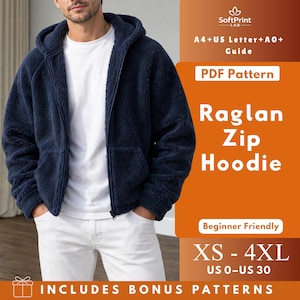 May include: A navy blue zip-up hoodie with a textured fleece finish, worn over a plain white t-shirt. The image includes text: SoftPrint LAB, A4+US Letter+A0+Guide, PDF Pattern, Raglan Zip Hoodie, Beginner Friendly, XS-4XL, US 0-US 30.
