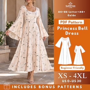 May include: A cream-colored floor-length dress with a black vine and leaf print, featuring a scoop neckline and long bell sleeves. The image includes text: SoftPrint LAB, A4+US Letter+A0+ Guide, PDF Pattern Princess Bell Dress, Beginner Friendly, XS-4XL, US 0-US 30, INCLUDES BONUS PATTERNS.