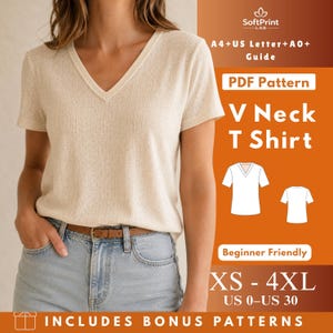 May include: A cream-coloured short-sleeve V-neck t-shirt. The image includes text: SoftPrint LAB, A4+US Letter+A0+ Guide, PDF Pattern, V Neck T Shirt, Beginner Friendly, XS - 4XL, US 0-US 30, INCLUDES BONUS PATTERNS, and a line drawing of the shirt.