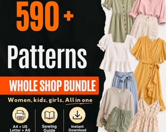 Pacchetto di oltre 590 modelli di cucito da donna, con modelli stampabili in PDF per abiti, top, pantaloni e gonne.