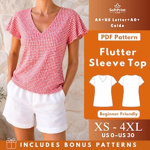 Op de afbeelding: Een rood-wit geruit topje met vlindermouwen en een V-hals. Het digitale PDF-patroon bevat de maten XS tot 4XL, US 0 tot US 30, en biedt A4-, US Letter- en A0-formaten. Het ontwerp is geschikt voor beginners en bevat extra bonuspatronen.