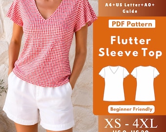V Neck Flutter Sleeve Top Sewing Pattern PDF, Women’s Knit Summer Blouse With Short Flared Sleeves XS-4XL