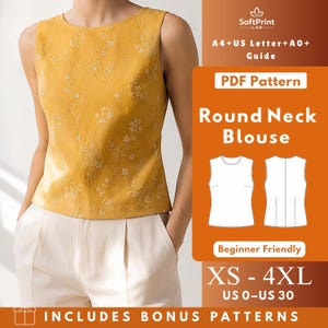 May include: A sleeveless mustard yellow blouse with a delicate white floral pattern, paired with white trousers. The image includes text: SoftPrint LAB, A4+US Letter+A0+ Guide, PDF Pattern, Round Neck Blouse, Beginner Friendly, XS-4XL, US 0-US 30, INCLUDES BONUS PATTERNS.