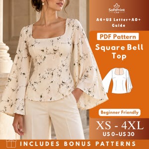 May include: A PDF pattern for a square bell top with long flared sleeves and a floral print. The text includes SoftPrint LAB, A4+US Letter+A0+Guide, PDF Pattern, Square Bell Top, Beginner Friendly, XS-4XL, US 0-US 30, and INCLUDES BONUS PATTERNS.