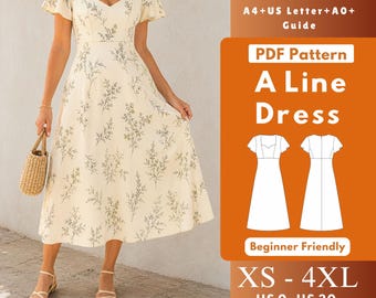 Sweetheart Tea-jurk pdf-naaipatroon, Empire-taillejurk met prinsessennaden, korte uitlopende mouwen, rits achter XS-4XL