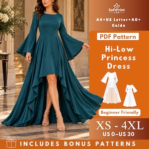 May include: A dark teal hi-low dress with long bell sleeves and a round neckline. The digital product listing includes text: SoftPrint LAB, A4+US Letter+A0+ Guide, PDF Pattern, Hi-Low Princess Dress, Beginner Friendly, XS-4XL, US 0-US 30.