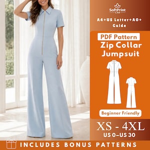 May include: A light blue jumpsuit with a front zipper, short sleeves, and a collar. The image includes text: SoftPrint LAB, A4+US Letter+A0+ Guide, PDF Pattern Zip Collar Jumpsuit, Beginner Friendly, XS - 4XL, US 0-US 30, INCLUDES BONUS PATTERNS.