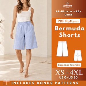 May include: A digital PDF sewing pattern for Bermuda shorts, featuring a white tank top and light blue textured shorts. The graphic includes text: SoftPrint LAB, A4+US Letter+A0+Guide, PDF Pattern, Bermuda Shorts, Beginner Friendly, XS-4XL, US 0-US 30.