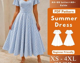 Sweetheart Midi Dress PDF Sewing Pattern, Knit Full Circle Dress with Flared Sleeves & Back Zipper XS-4XL