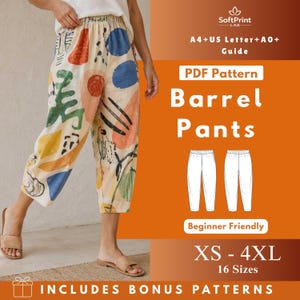 May include: Cream-coloured barrel pants with an abstract pattern in blue, red, green, and yellow. The image includes text that reads "PDF Pattern Barrel Pants" and "XS - 4XL 16 Sizes". The pants are shown on a person.