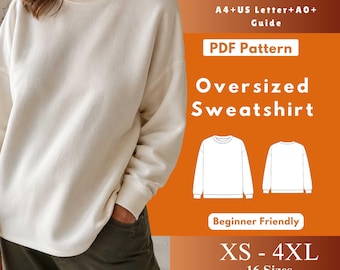 Patrón de costura en PDF para sudadera extragrande, jersey de punto con cuello redondo y puños acanalados (descarga digital).