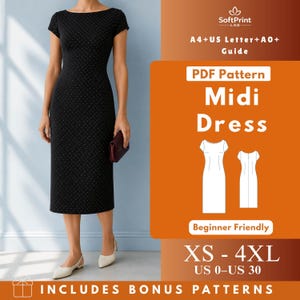 Peut inclure: Une robe midi noire avec un motif à pois blancs subtil, des manches courtes et une encolure bateau. L'image contient le texte : SoftPrint LAB, A4+US Letter+A0+ Guide, PDF Pattern Midi Dress, Beginner Friendly, XS - 4XL, US 0-US 30, INCLUDES BONUS PATTERNS.