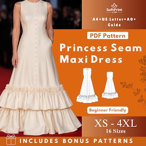 May include: A cream-colored maxi dress with a princess seam design, button details, and a ruffled hem. The dress is sleeveless and has pockets. The image includes the text "Princess Seam Maxi Dress", "XS - 4XL", and "Beginner Friendly".