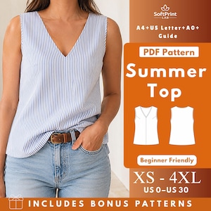 Sleeveless V Neck Top PDF Sewing Pattern, Woven Tank Blouse with Bust Darts, Neck and Armhole Facing, Women XS-4XL