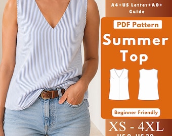 Sleeveless V Neck Top PDF Sewing Pattern, Woven Tank Blouse with Bust Darts, Neck and Armhole Facing, Women XS-4XL