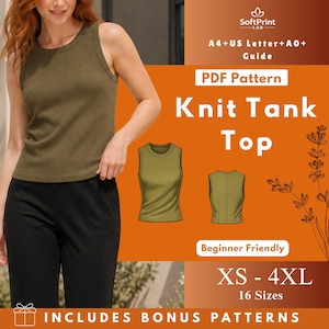 May include: An olive green knit tank top with a ribbed texture is shown. The image includes a PDF pattern for a knit tank top, with the text "Knit Tank Top" and "XS - 4XL, 16 Sizes". The pattern is beginner friendly and includes bonus patterns.
