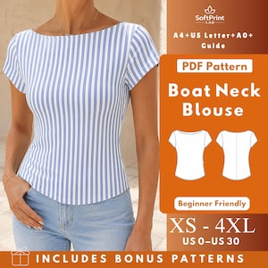 Op de afbeelding: Een blouse met korte mouwen met een blauw en wit verticaal strepenpatroon en een boothals. De afbeelding bevat de tekst: SoftPrint LAB, A4+US Letter+A0+ Guide, PDF Pattern, Boat Neck Blouse, Beginner Friendly, XS - 4XL, US 0-US 30.