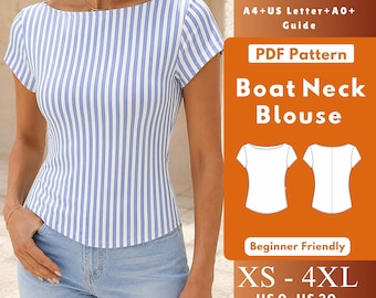 Boat Neck Blouse PDF Sewing Pattern, Short Sleeve Knit Summer Top, Side Zipper Women XS–4XL