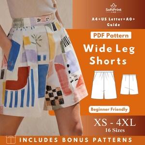 May include: A pair of wide-leg shorts with a colorful abstract pattern. The shorts are white with blue, red, yellow, and black geometric shapes. The image also includes text that says "PDF Pattern", "Wide Leg Shorts", and "XS - 4XL".