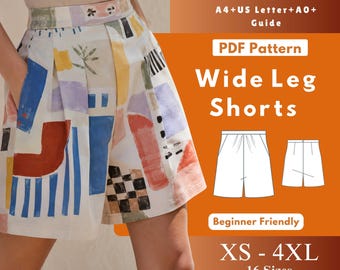 Center Pleats Wide Leg Jamaica Shorts Sewing Pattern PDF, Woven Shorts with Pockets, Back Zip & Waistband Button