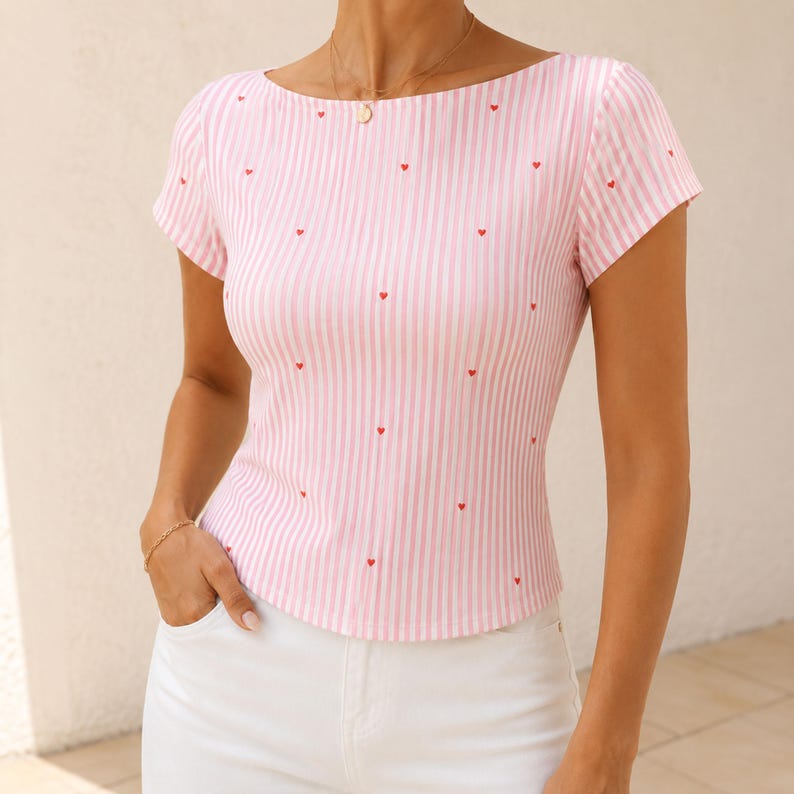 Boat Neck Blouse PDF Sewing Pattern, Short Sleeve Knit Summer Top, Side Zipper Women XS–4XL image 8