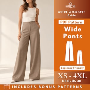 May include: A digital PDF sewing pattern for wide-leg pants, featuring a white tank top and beige trousers. The graphic includes the text SoftPrint LAB, A4+US Letter+A0+Guide, PDF Pattern, Wide Pants, Beginner Friendly, XS-4XL, US 0-US 30.