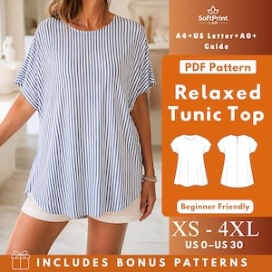 Relaxed A-Line Tunic PDF Sewing Pattern, Short Batwing Sleeve Knit Top, Back Zipper Women XS-4XL