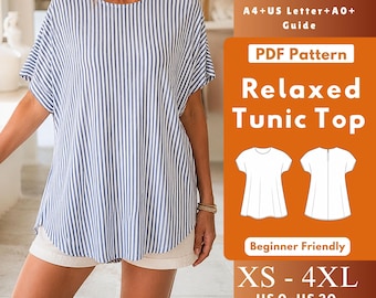 Relaxed A-Line Tunic PDF Sewing Pattern, Short Batwing Sleeve Knit Top, Back Zipper Women XS-4XL