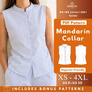 May include: A sleeveless button-down shirt with a mandarin collar and a light blue and white vertical stripe pattern. The image includes text: SoftPrint LAB, A4+US Letter+A0+ Guide, PDF Pattern, Mandarin Collar, Beginner Friendly, XS-4XL, US 0-US 30.