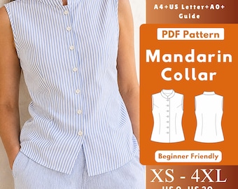 Sleeveless Button Front Top PDF Sewing Pattern, Woven Mandarin Collar Blouse with Bust Darts, Armhole Facing, Women XS-4XL