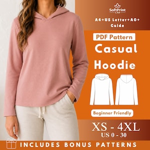 May include: A dusty rose long-sleeve hoodie with a hood and long sleeves, paired with light gray pants. The image includes text: SoftPrint LAB, A4+US Letter+A0+ Guide, PDF Pattern Casual Hoodie, Beginner Friendly, XS - 4XL, US 0 - 30, INCLUDES BONUS PATTERNS.