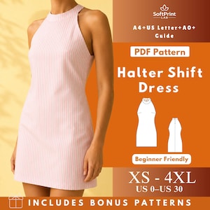 May include: A light pink and white striped halter shift dress. The image includes text: SoftPrint LAB, A4+US Letter+A0+ Guide, PDF Pattern, Halter Shift Dress, Beginner Friendly, XS-4XL, US 0-US 30, and INCLUDES BONUS PATTERNS.