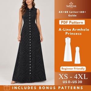 Puede incluir: Un vestido largo negro sin mangas con un patrón de lunares blancos y una tapeta de botones frontal completa. La imagen incluye el texto: SoftPrint LAB, A4+US Letter+A0+ Guide, PDF Pattern, A-Line Armhole Princess, Beginner Friendly, XS-4XL, US 0-US 30.