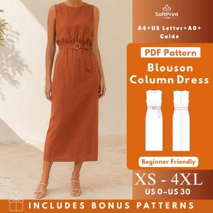 May include: A sleeveless, rust-colored column dress with a round neckline and a matching belt featuring a circular buckle. The image includes text: SoftPrint LAB, A4+US Letter+A0+ Guide, PDF Pattern, Blouson Column Dress, Beginner Friendly, XS-4XL, US 0-US 30.