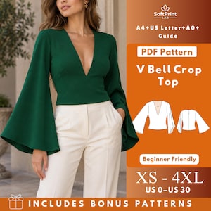 May include: A dark green long-sleeve crop top with a deep V-neckline and wide bell sleeves. The image includes text: SoftPrint LAB, A4+US Letter+A0+ Guide, PDF Pattern, V Bell Crop Top, Beginner Friendly, XS-4XL, US 0-US 30, INCLUDES BONUS PATTERNS.