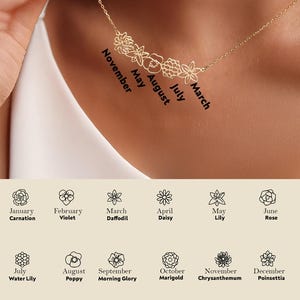 Personalized Birth Flower Charm Necklace, 14K Gold Dainty Birth Flower Bouquet Necklace, Mother&#39;s Day Gift, Family Birth Flower Pendant