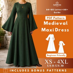 Op de afbeelding: Een donkergroene maxi-jurk met lange uitlopende mouwen en een ronde halslijn. De afbeelding bevat de tekst: SoftPrint LAB, A4+US Letter+A0+ Guide, PDF Pattern Medieval Maxi Dress, Beginner Friendly, XS-4XL, US 0-US 30, INCLUDES BONUS PATTERNS.