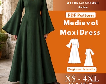 Medieval Maxi Dress Sewing Pattern, Bell Sleeve Princess Gown PDF