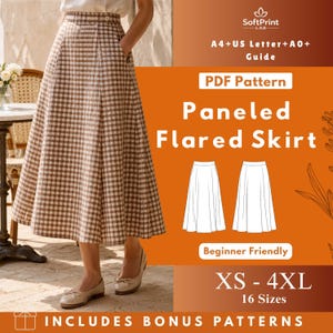 May include: A woman wearing a brown and white checkered paneled flared skirt. The image includes the text "PDF Pattern Paneled Flared Skirt" and "XS - 4XL 16 Sizes". The pattern is beginner friendly and includes bonus patterns.