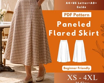 Tea Length Paneled Flared Skirt Sewing Pattern PDF, Lined Midi with Pockets Digital Download