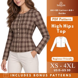 Puede incluir: Una blusa de manga larga con botones y cuello redondo en color marrón con estampado de cuadros. La imagen incluye el texto: SoftPrint LAB, A4+US Letter+A0+ Guide, PDF Pattern, High Hips Top, Beginner Friendly, XS-4XL, US 0-US 30, e INCLUDES BONUS PATTERNS.